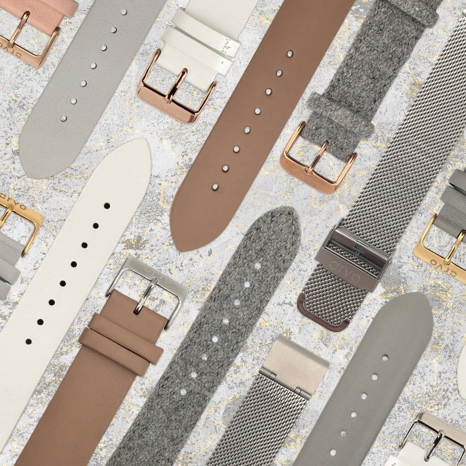 Arvo Watch Bands Collection image - several Arvo watches laid out on a desk. watch with saddle brown leather watch band front and center