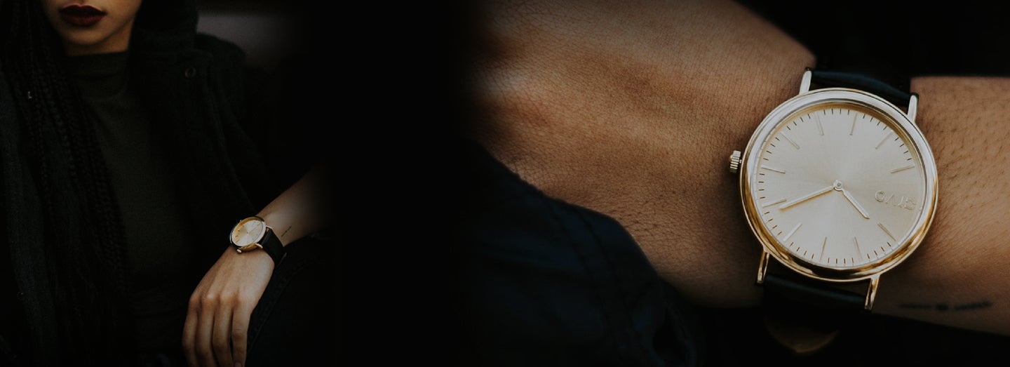 All Arvo Watches Collection Image - Split image of a woman wearing black clothing and an Arvo Gold Time Sawyer Wrist watch with a black stitched leather watch band along with a zoomed in image of the watch on the wrist.