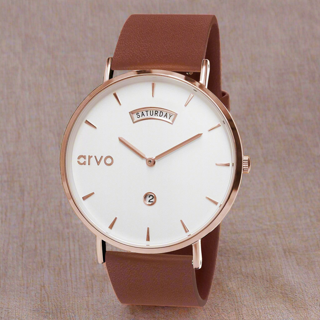 Arvo Awristacrat Watch - Rose - Mahogany Leather