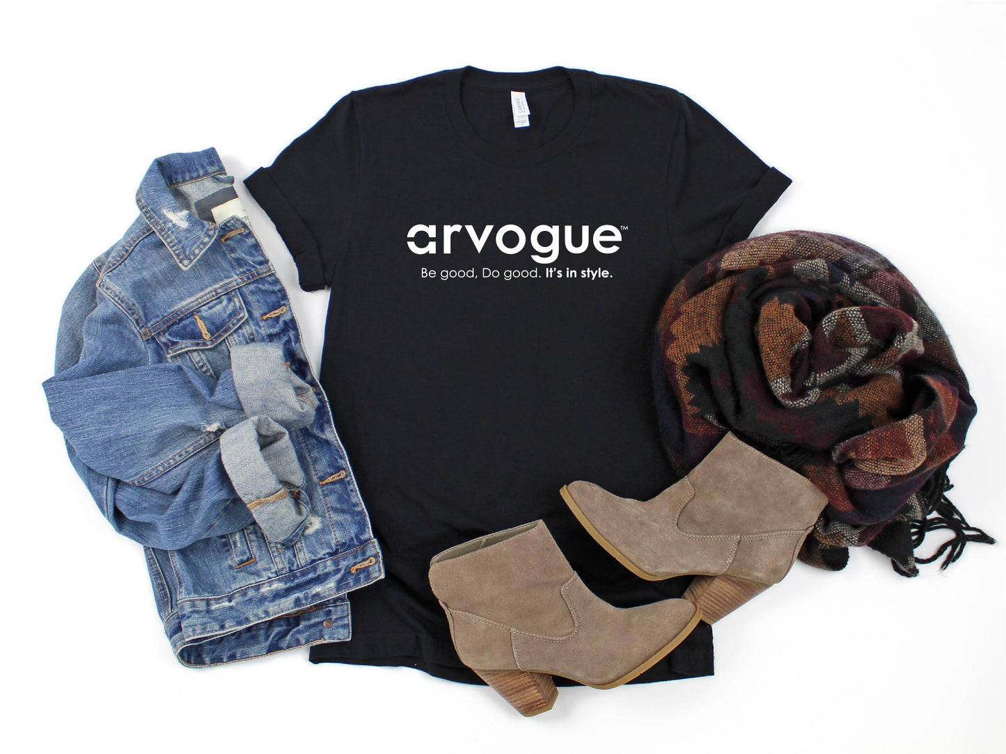 assortment including a jean jacket, brown boots and scarf and a black Arvogue Women's T Shirt