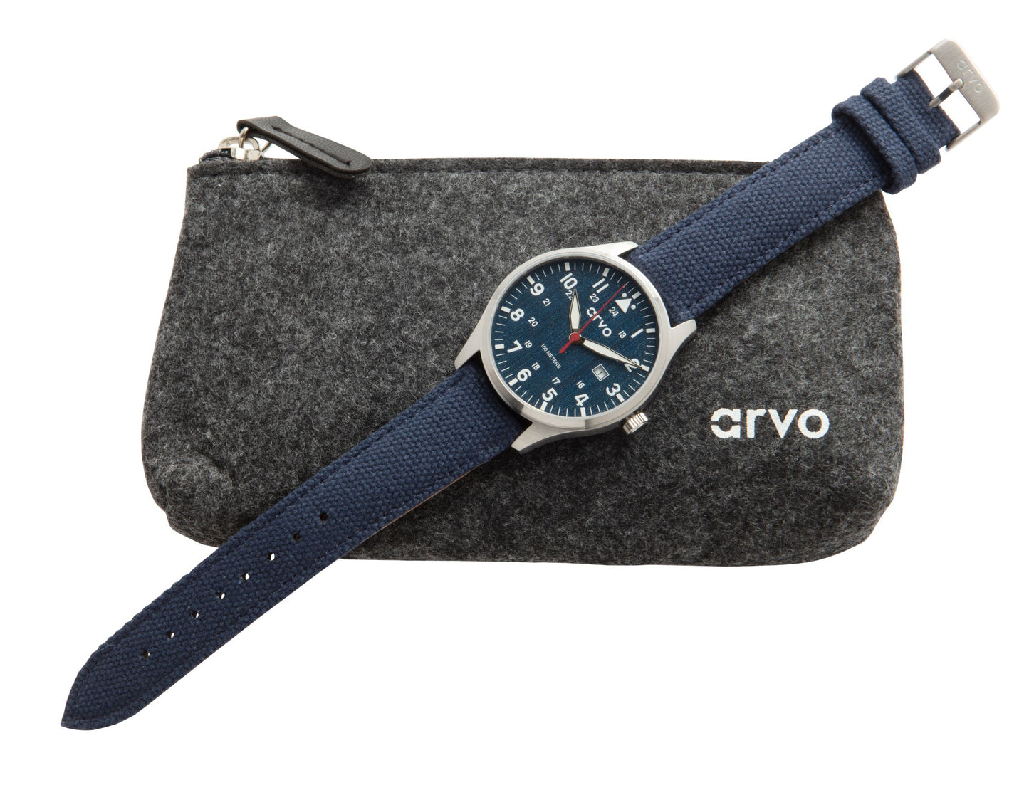 Arvo Rove Field Watch for men with a jeans blue dial and blue canvas strap laying on an Arvo gray felt storage pouch