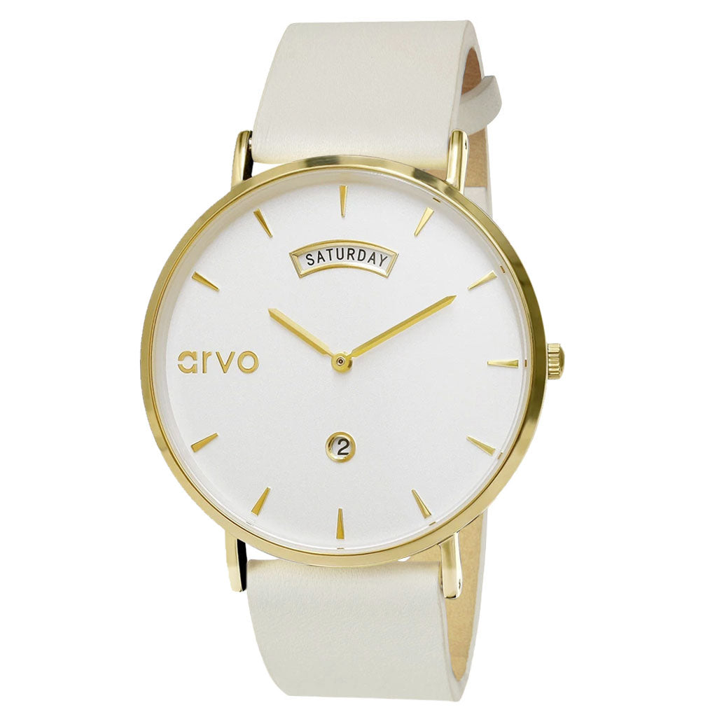 Awristacrat Watch - Gold - White Leather Band