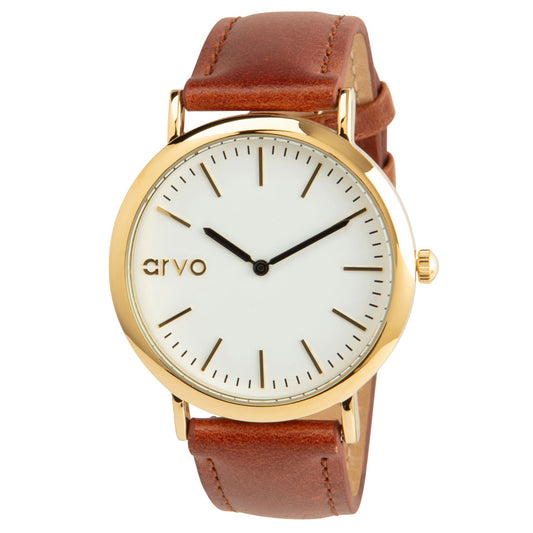 Time Sawyer watch for men and women white dial, gold case, and brown leather band