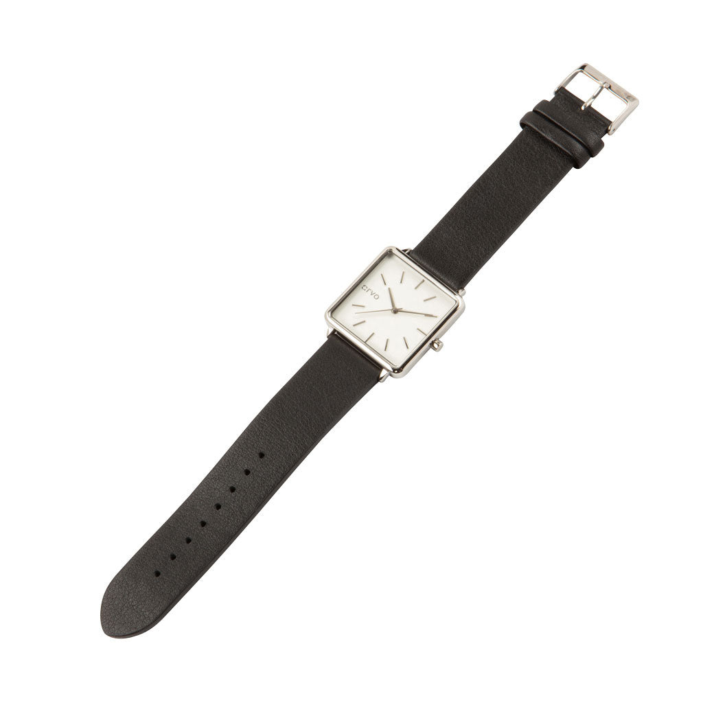 Arvo Time Squared Watch for women - Silver - Black Leather