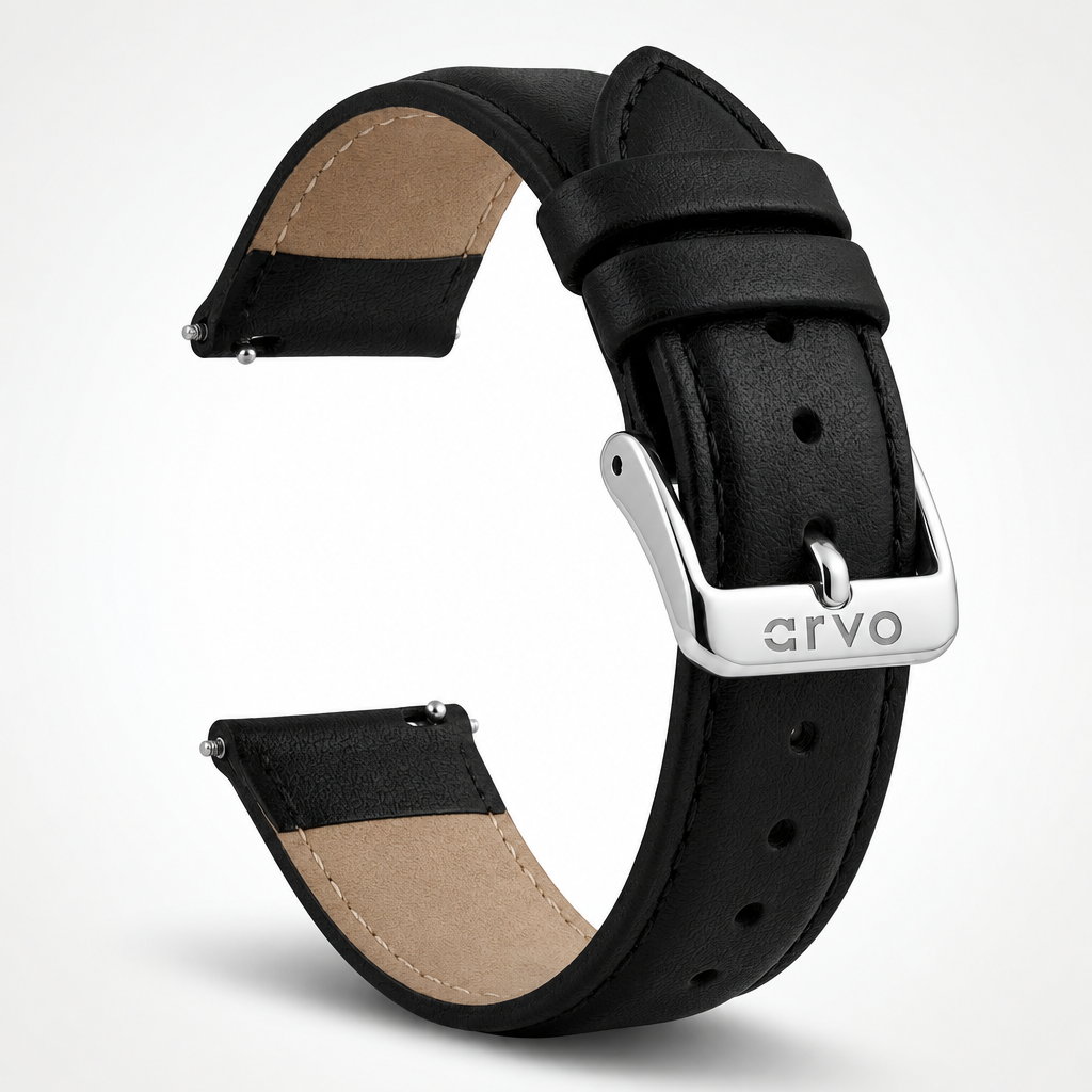 Arvo Black Stitched Leather Watch Band 20mm