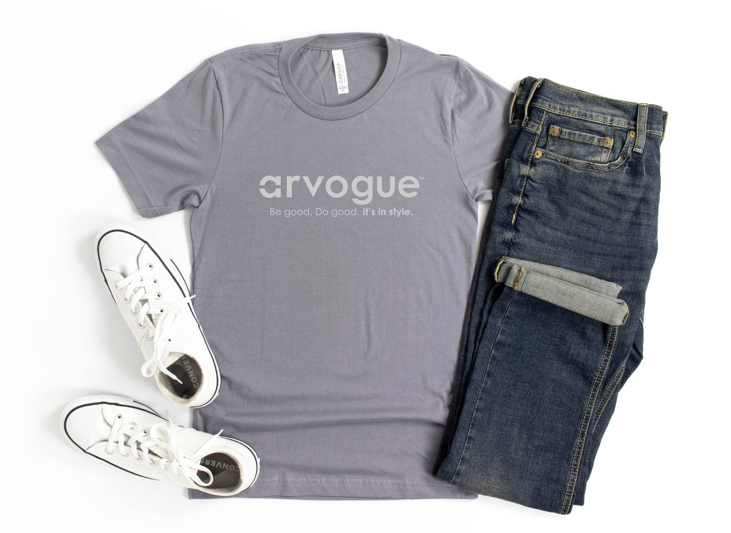 white tennis shoes and blue jeans and a gray Arvogue Women's T Shirt
