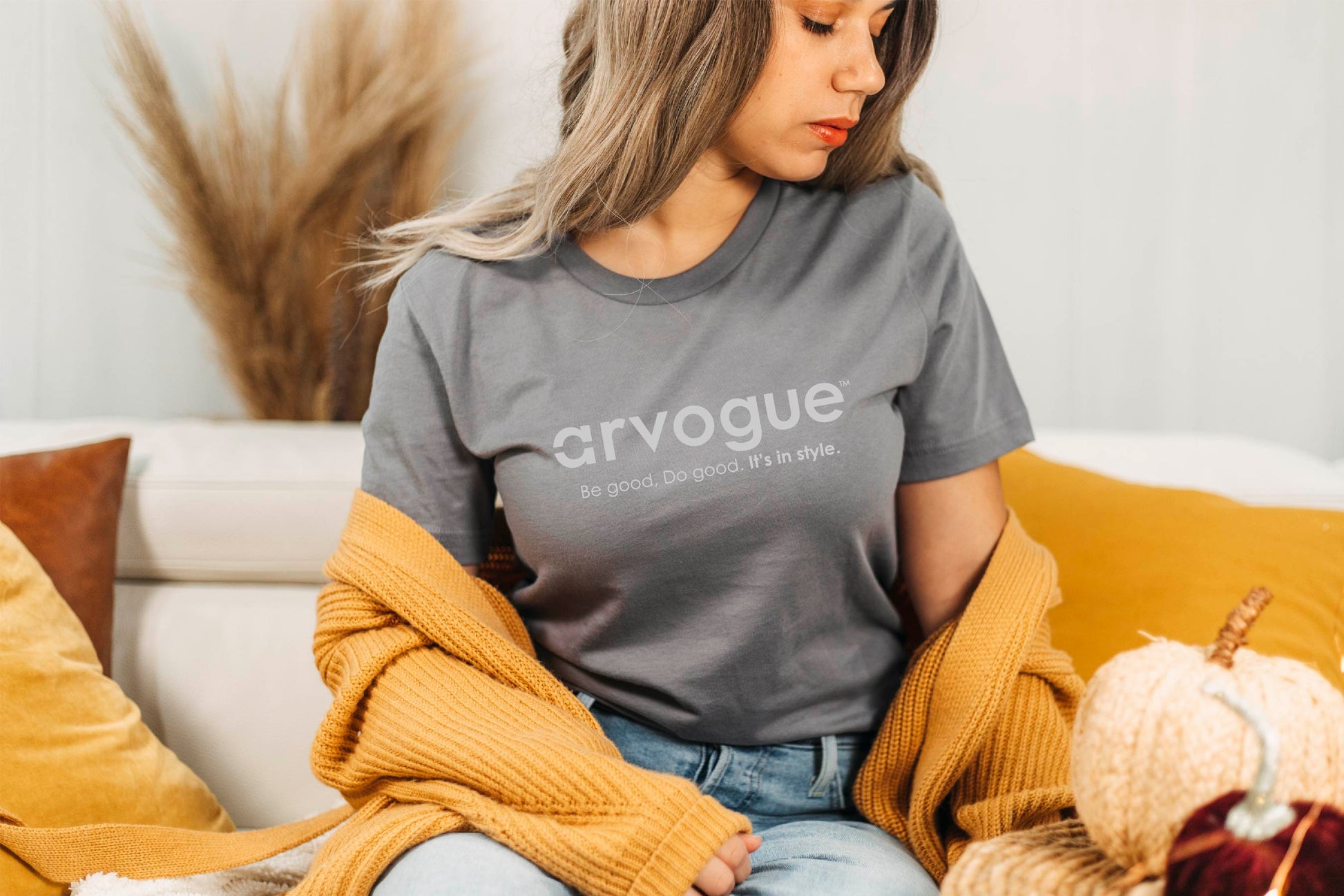Woman wearing a gray  Arvogue Ultra Soft Women's T Shirt