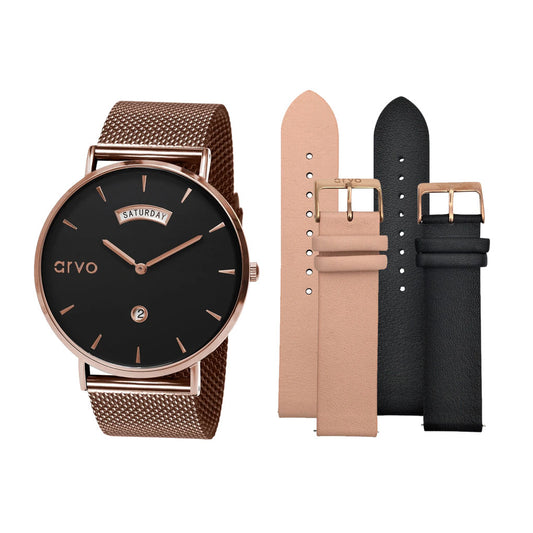 Arvo Black Awristacrat Rose Gold Watch Gift Set for her