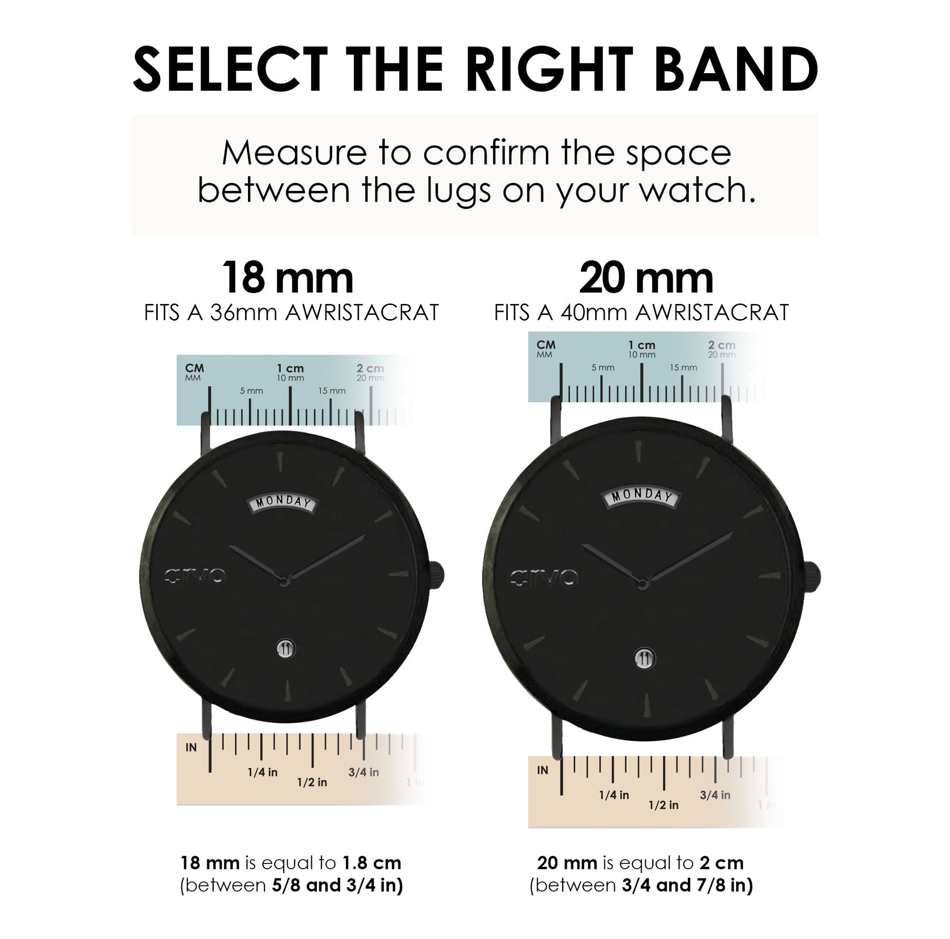 Graphic illustrating how to choose the correct size Arvo Awristacrat replacement watch bands and straps