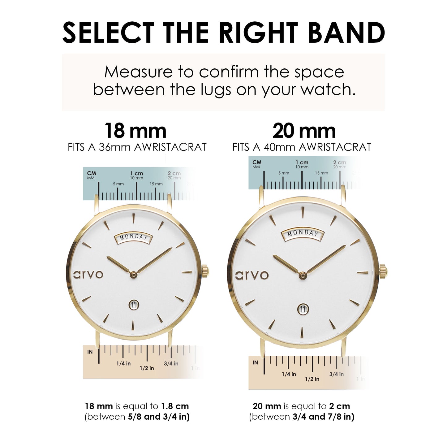 Graphic illustrating how to choose the correct size Arvo Awristacrat replacement watch bands and straps