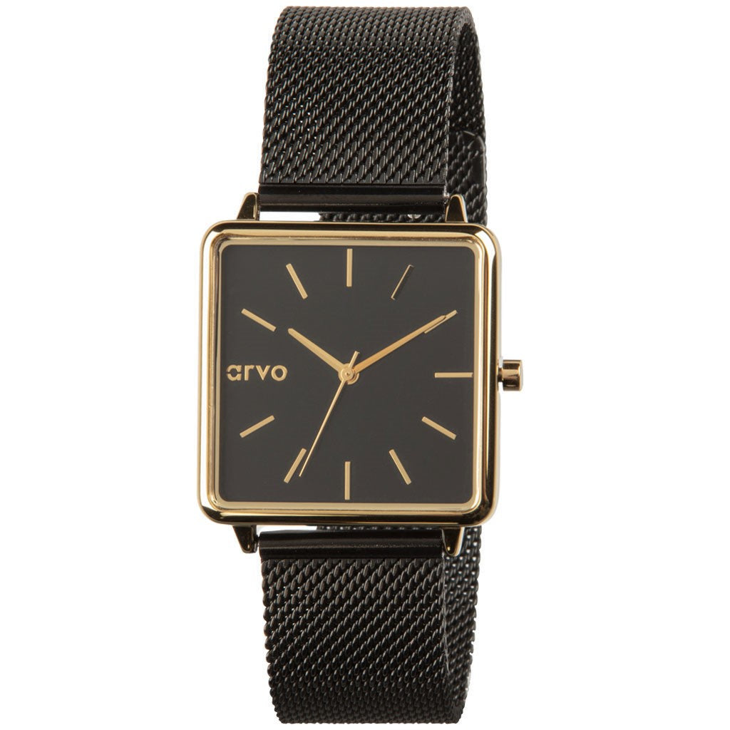 Time Squared Watch Black Dial and Black Mesh Band for women