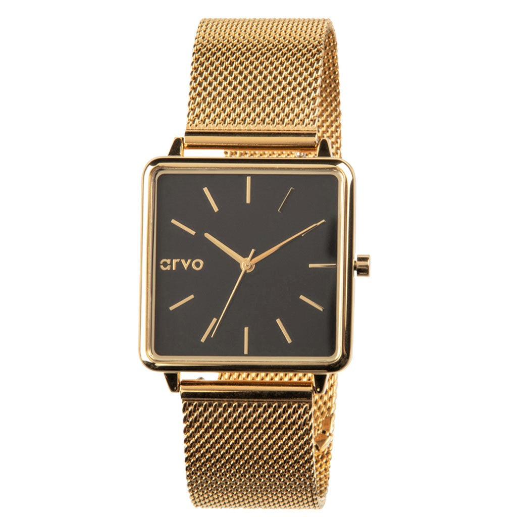 Time Squared Watch Black Dial and Gold Mesh band  for women