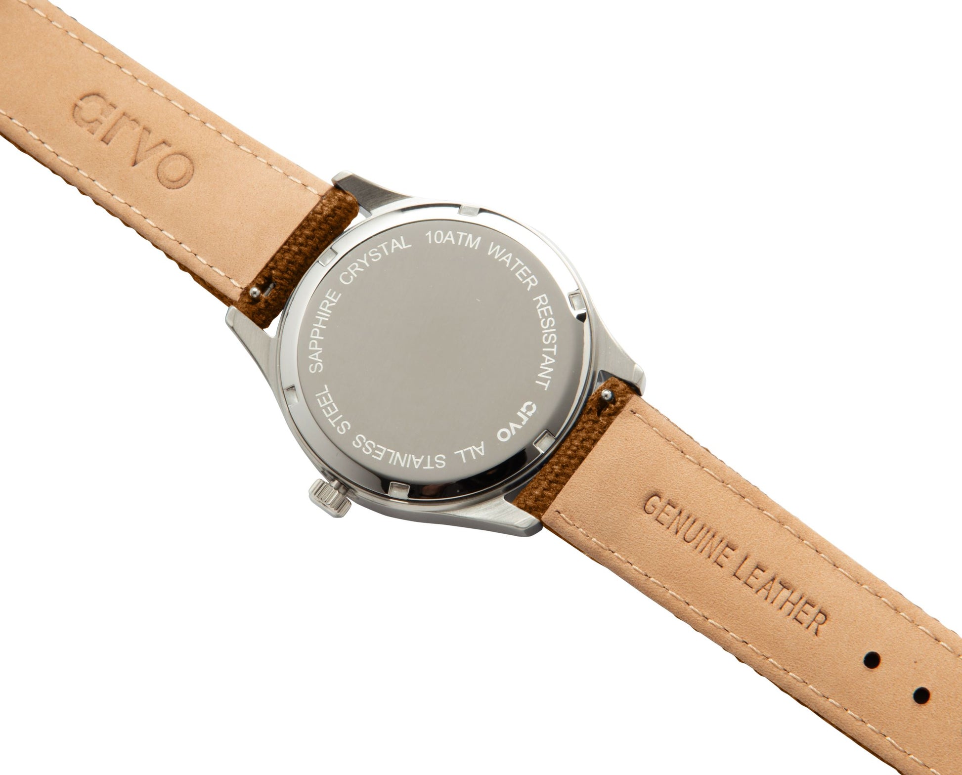 case back of an Arvo Rove Field Watch for men with a buckeye brown dial and brown canvas strap