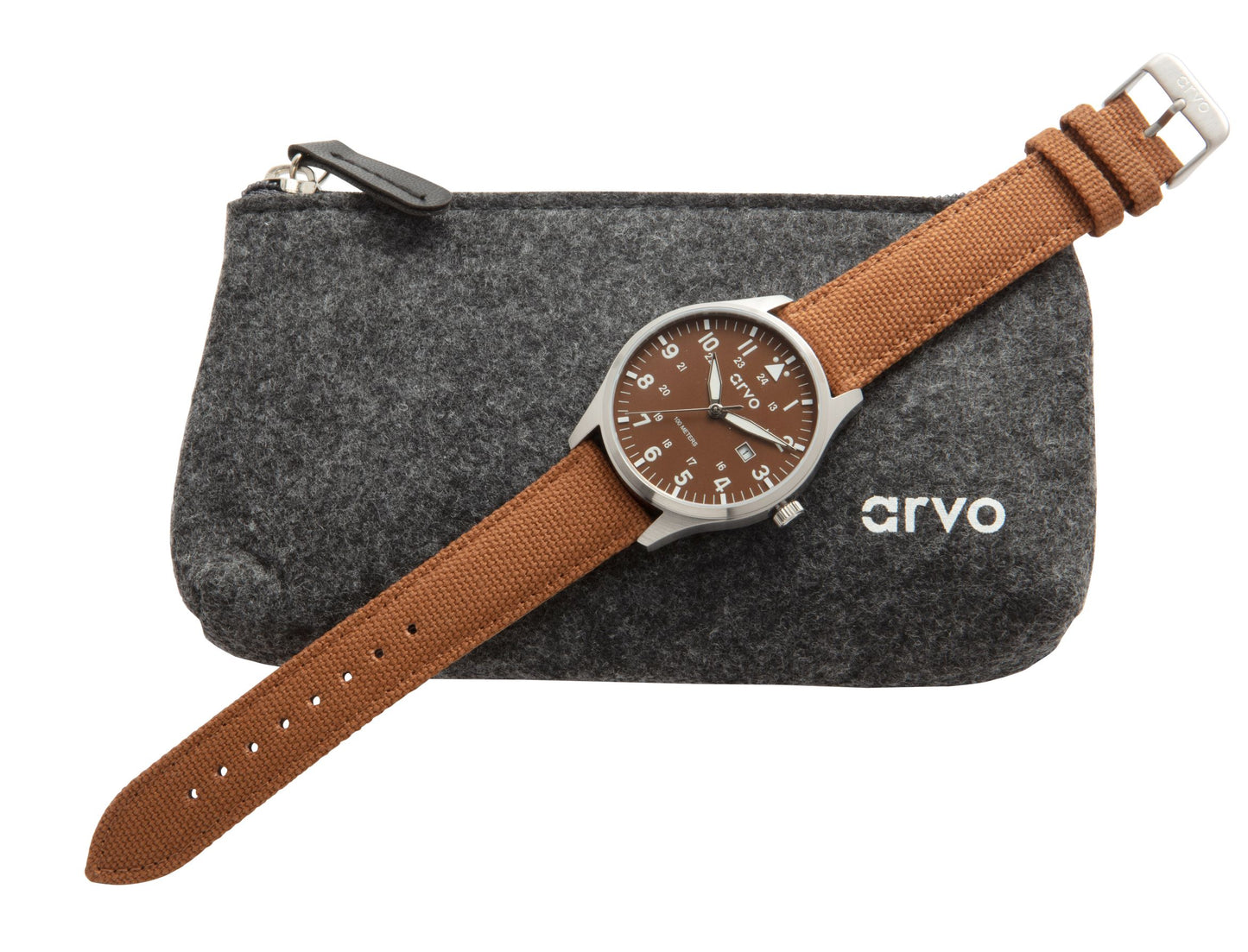 Arvo Rove Field Watch for men with a buckeye brown dial and brown canvas strap laying on an Arvo gray felt storage pouch