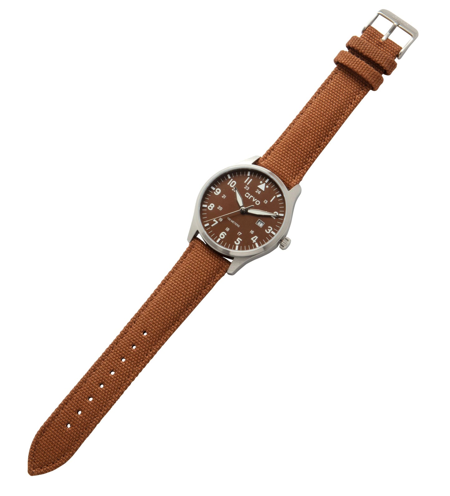 Arvo Rove Field Watch for men with a buckeye brown dial and brown canvas strap laying flat