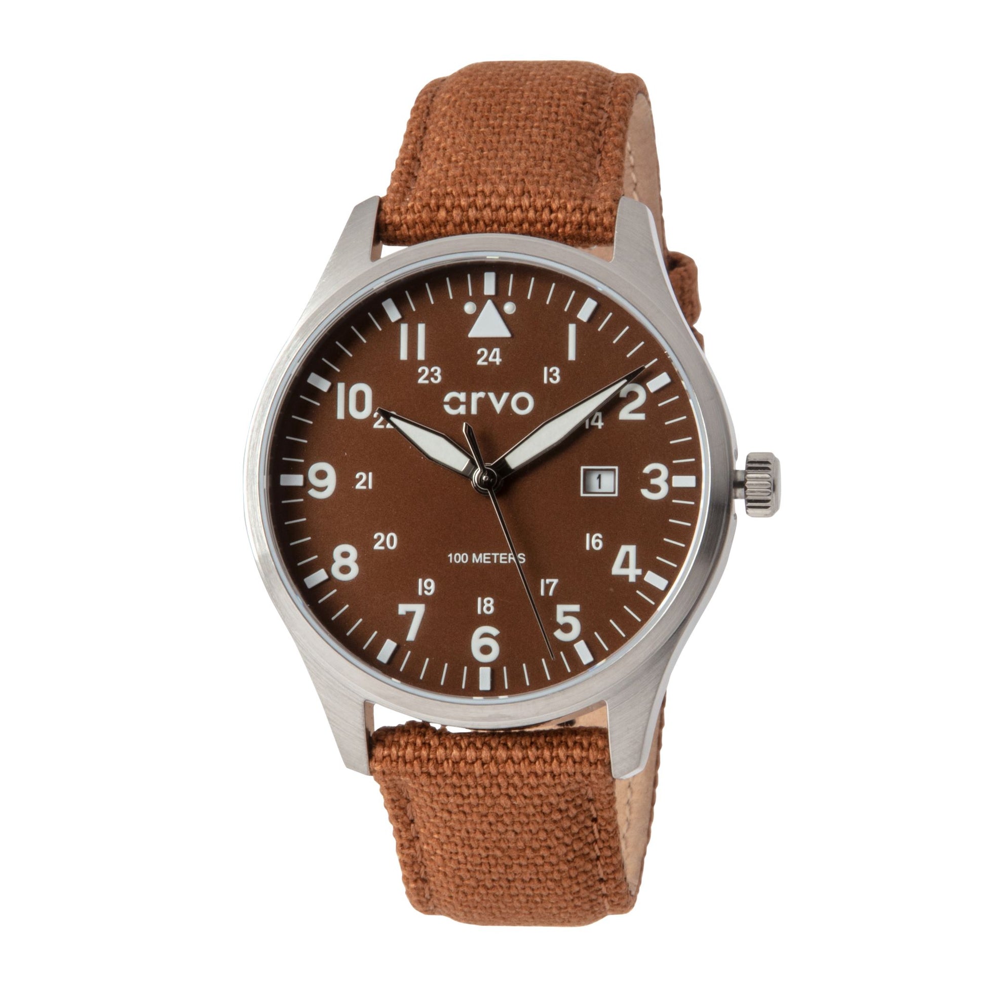 Arvo Rove Field Watch for men with a buckeye brown dial and brown canvas strap