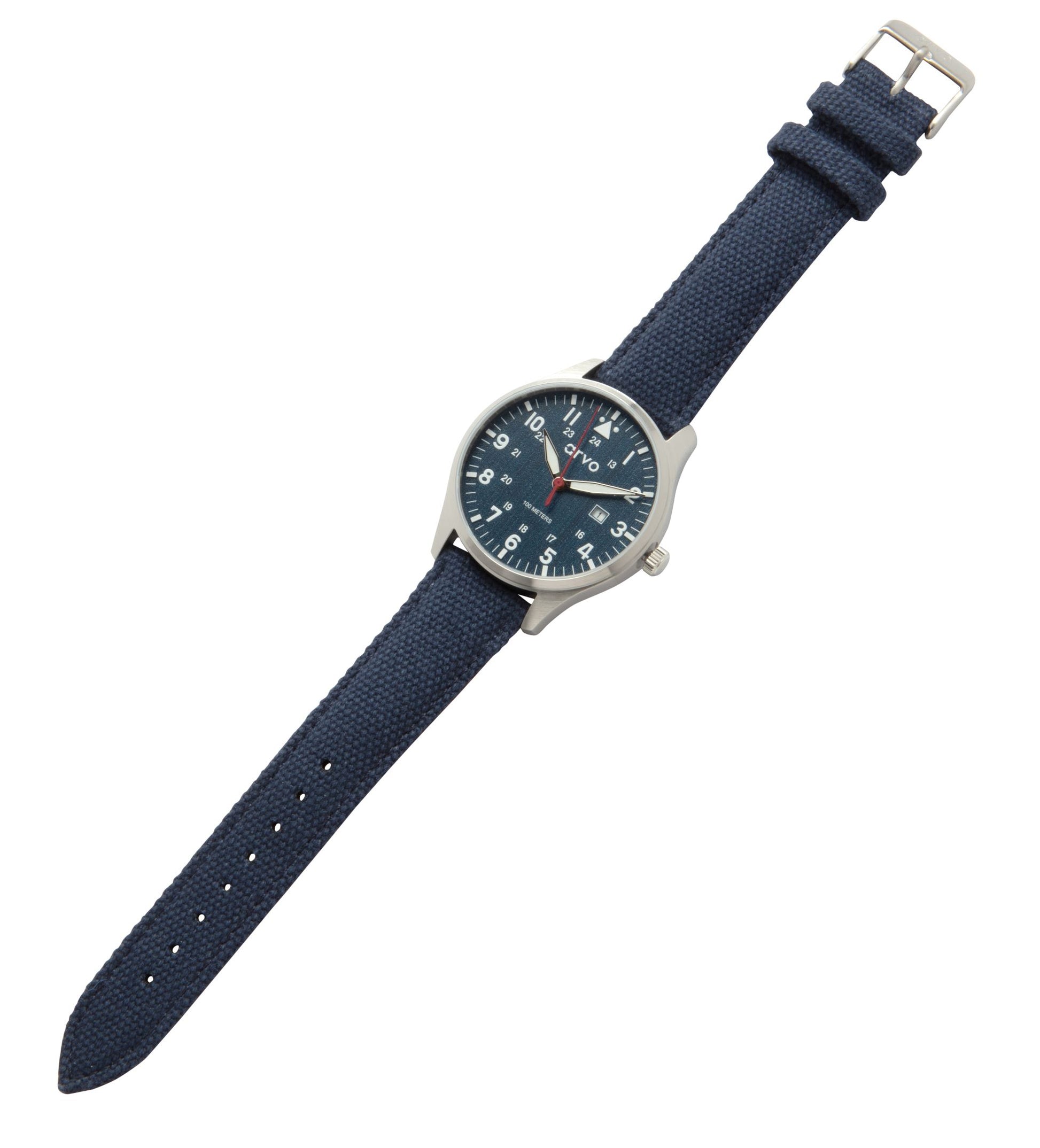 Arvo Rove Field Watch for men with a jeans blue dial and blue canvas strap laying flat on white background