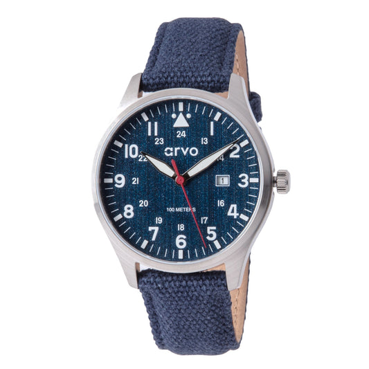 Arvo Rove Field Watch for men with a jeans blue dial and blue canvas strap