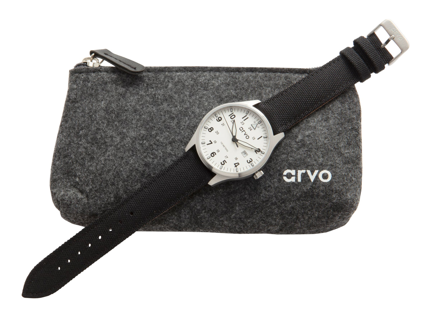 Arvo Rove Field Watch for men with a moon white dial and black canvas strap laying on an Arvo gray felt storage bag