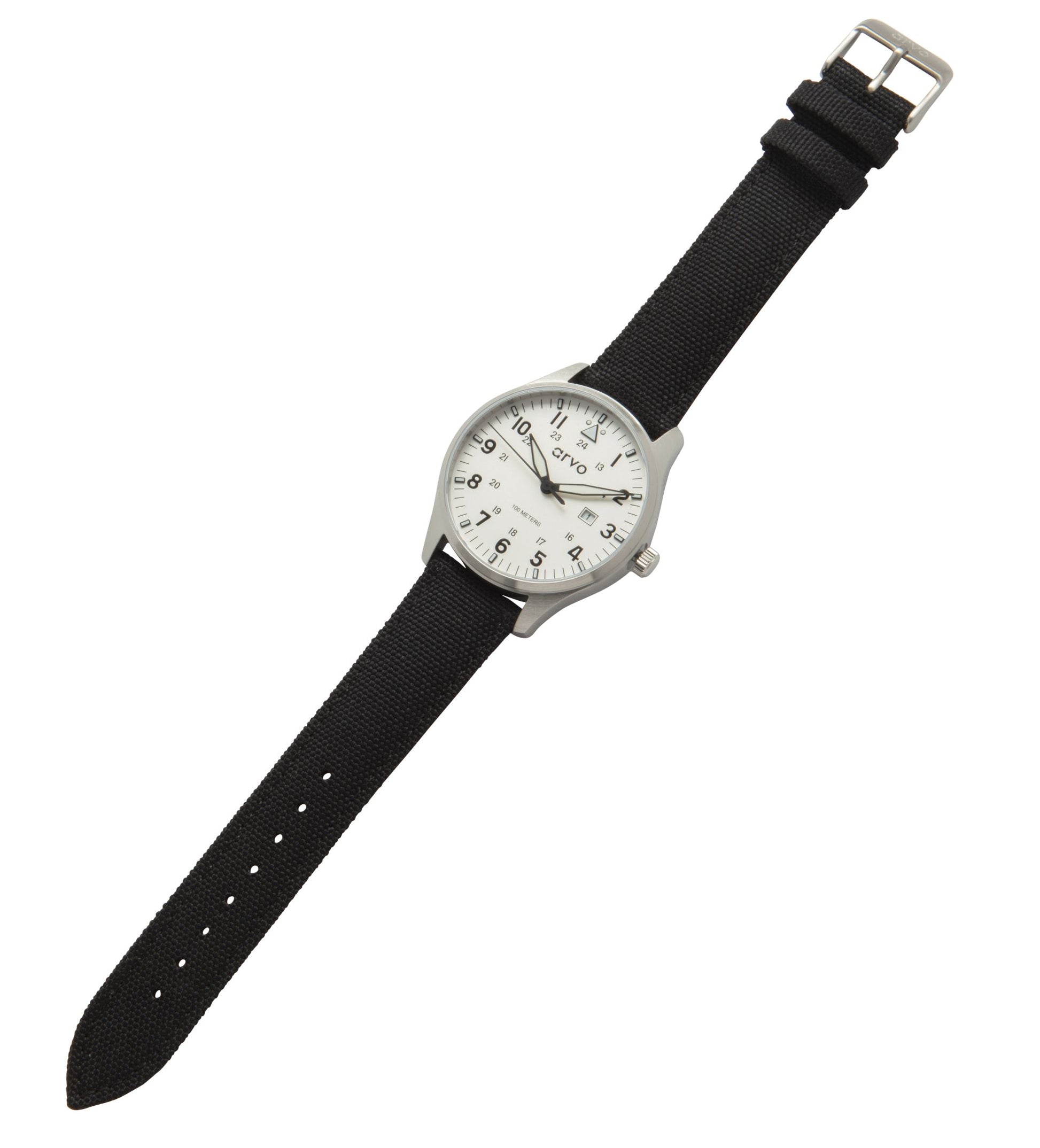 Arvo Rove Field Watch for men with a moon white dial and black canvas strap laying flat on a white background