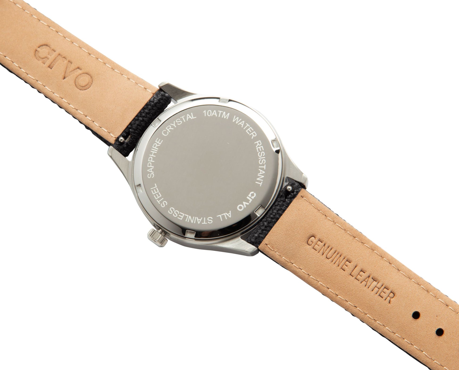 Case back of anArvo Rove Field Watch for men with a moon white dial and black canvas strap