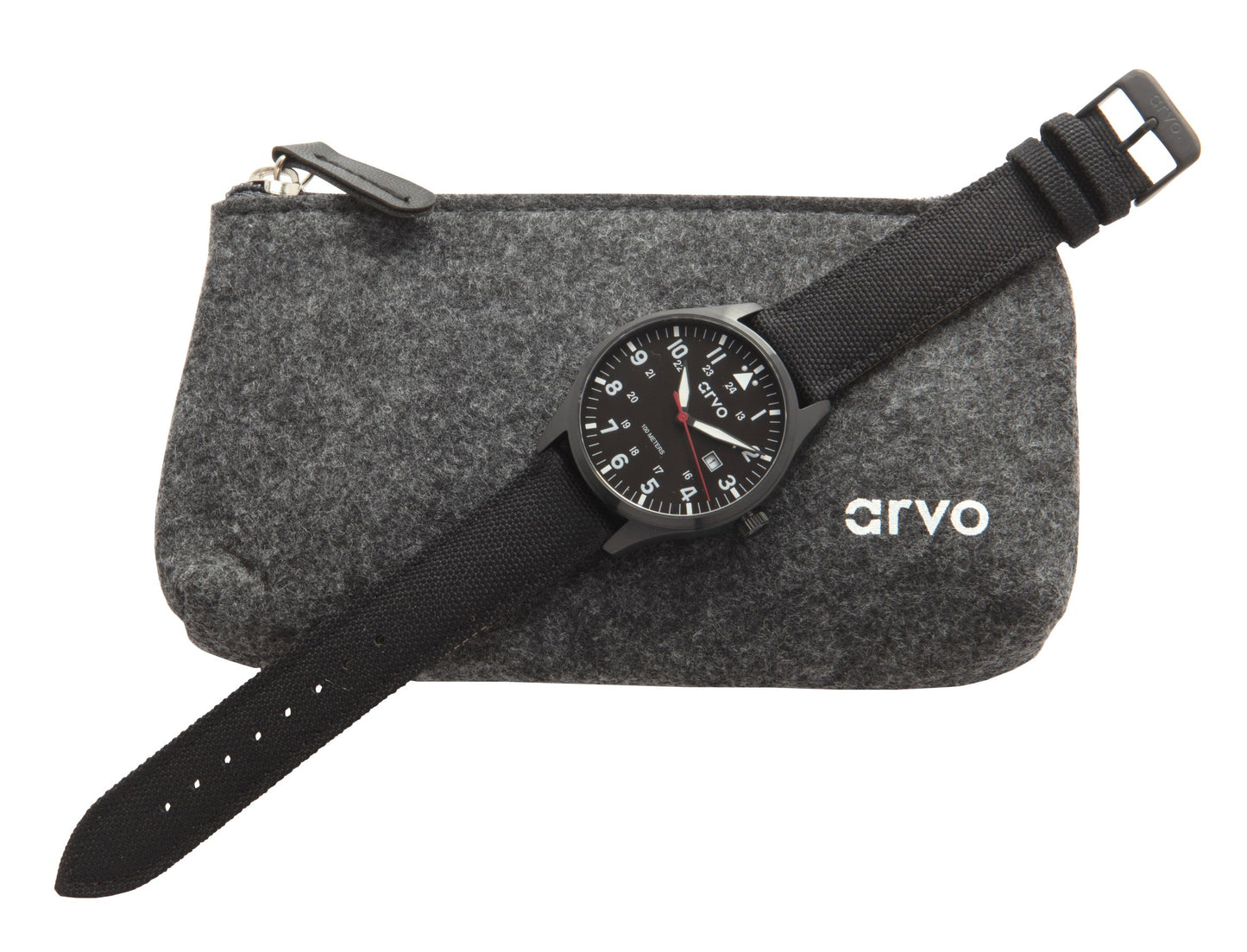 Arvo Rove Field Watch for men with a sky black dial and black canvas strap laying on a gray felt Arvo storage pouch