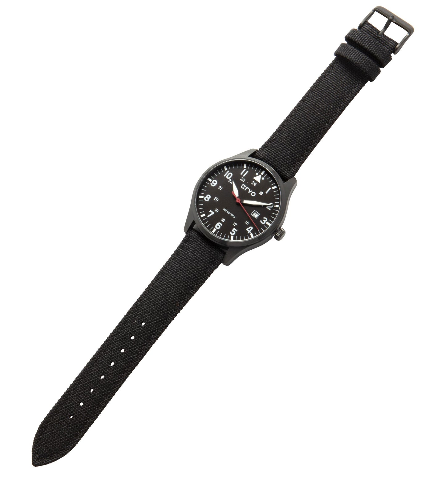 Arvo Rove Field Watch for men with a sky black dial and black canvas strap laying on a white background