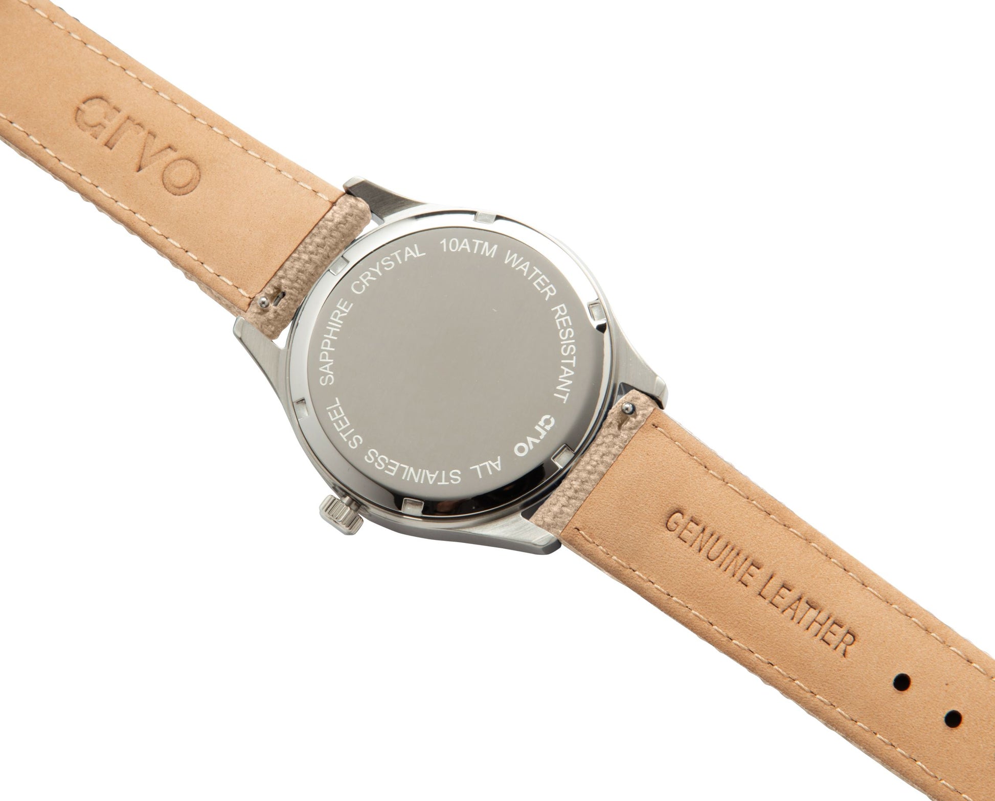 Case back of an Arvo Rove Field Watch for men with a spring green dial and khaki canvas strap