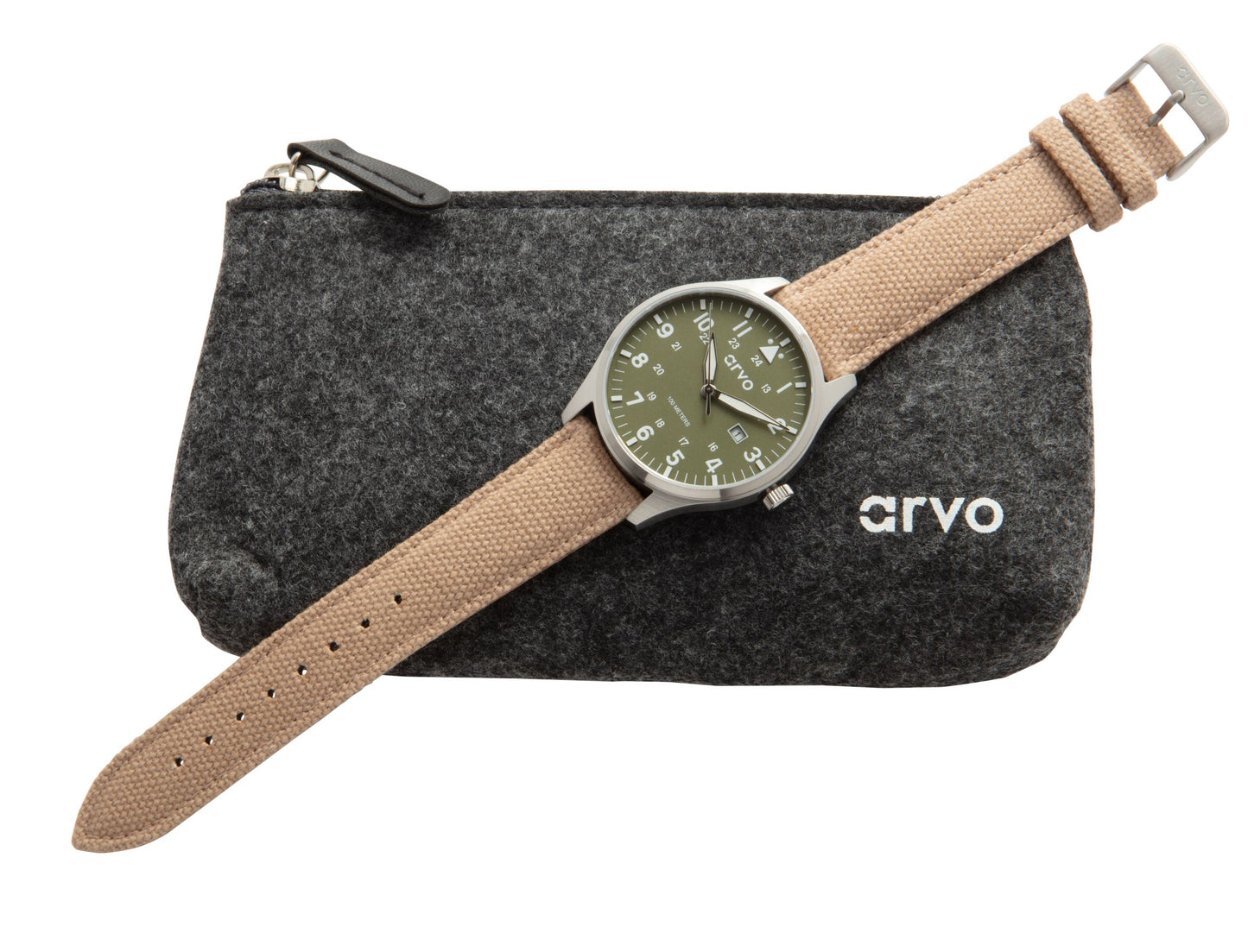 Arvo Rove Field Watch for men with a spring green dial and khaki canvas strap laying on an Arvo gray felt storage pouch