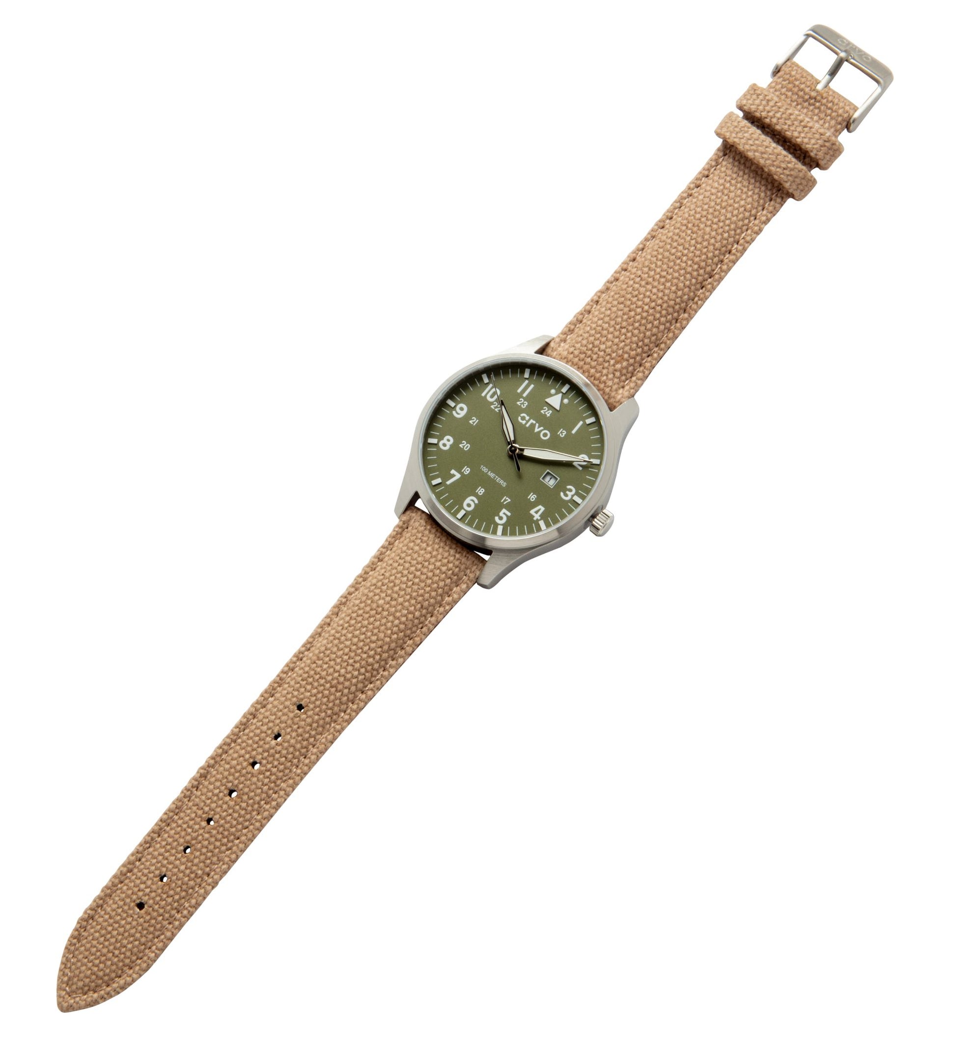 Arvo Rove Field Watch for men with a spring green dial and khaki canvas strap on a white background