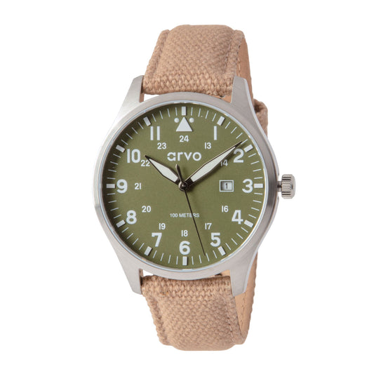 Arvo Rove Field Watch for men with a spring green dial and khaki canvas strap