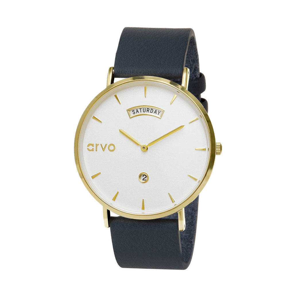 Arvo Awristacrat watch for women and men with a white dial, gold case and a marino blue band