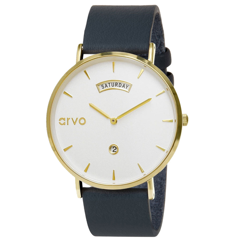 Arvo Awristacrat watch for women and men with a white dial, gold case and a marino blue band
