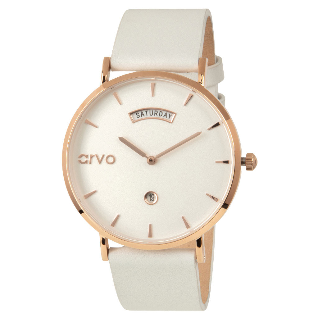 Arvo Awristacrat rose gold watches for women with white leather watch band