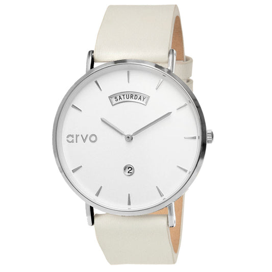 Arvo Awristacrat silver watches for women with white leather band