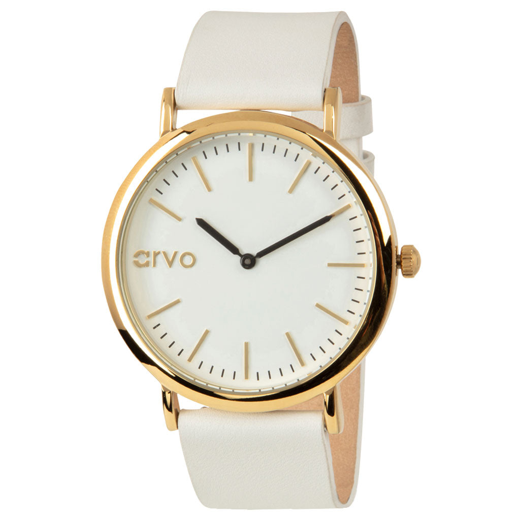 Arvo Time Sawyer watch for women with white dial, gold case, and white leather band
