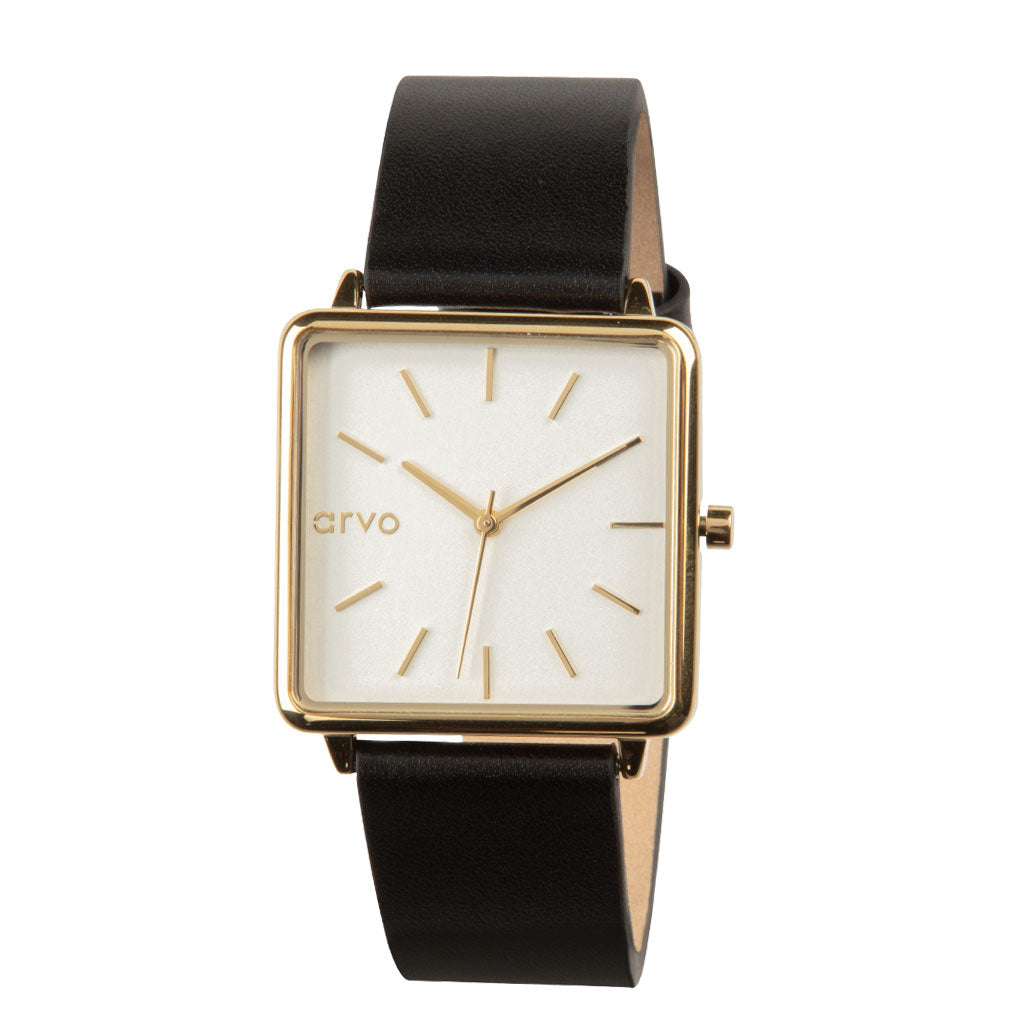 Time Squared Watch Gold for women black leather band