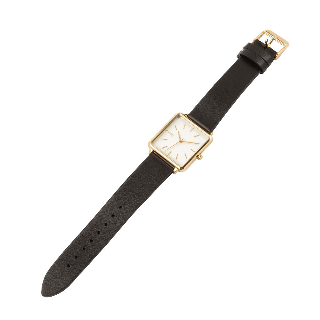 Time Squared Watch Gold for women black leather band