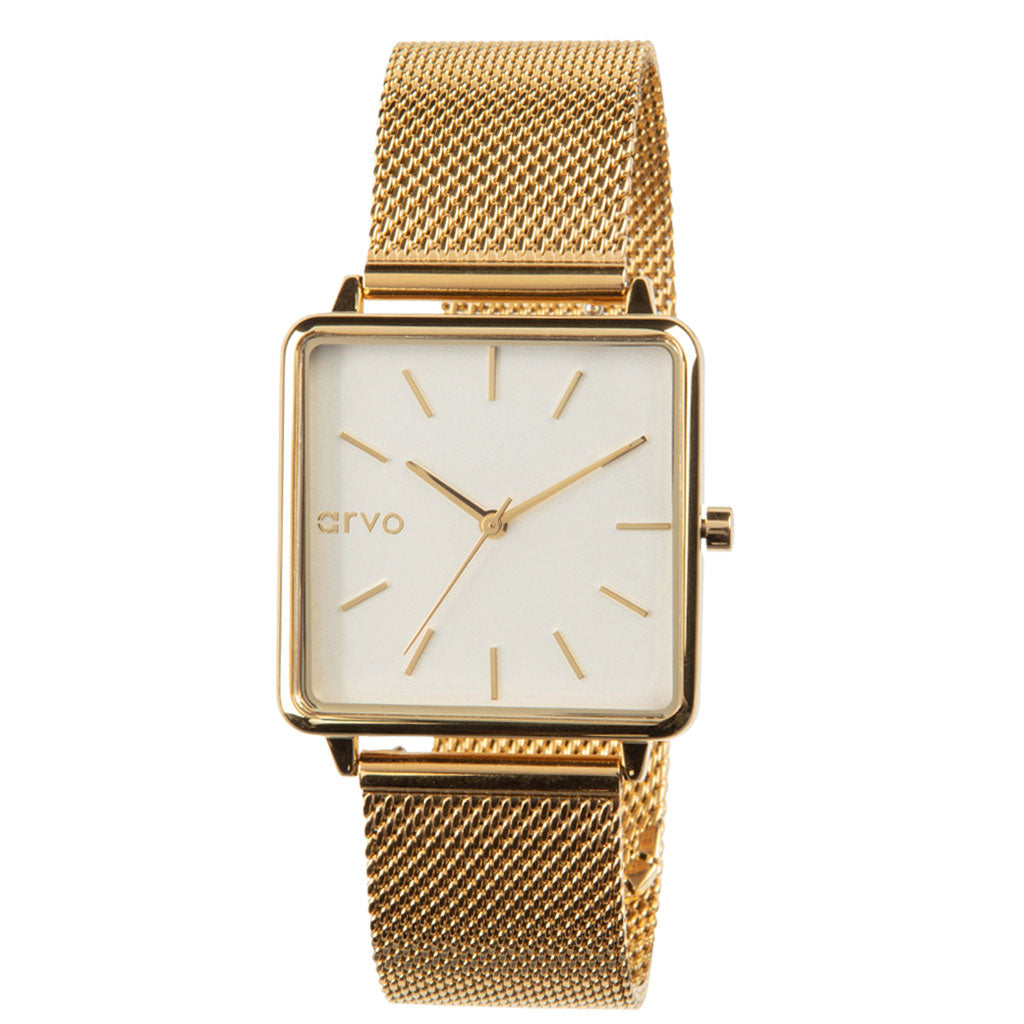 Arvo Time Squared Watch for women with white dial and gold mesh watch band