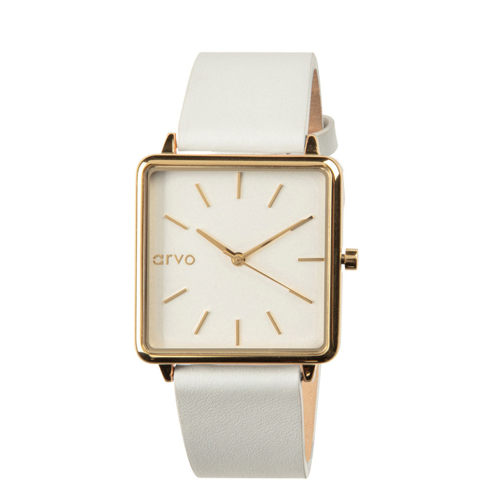 Time Squared Watch Gold for women white leather band