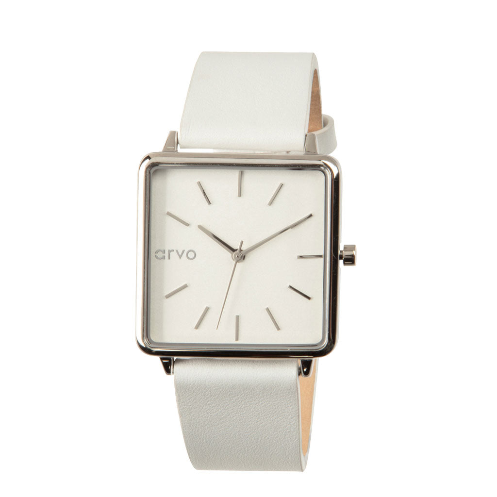 Arvo Time Squared Watch for Women - Silver - White Leather