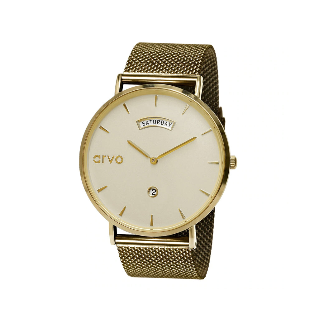 Arvo Awristacrat gold watches for men and women gold mesh band