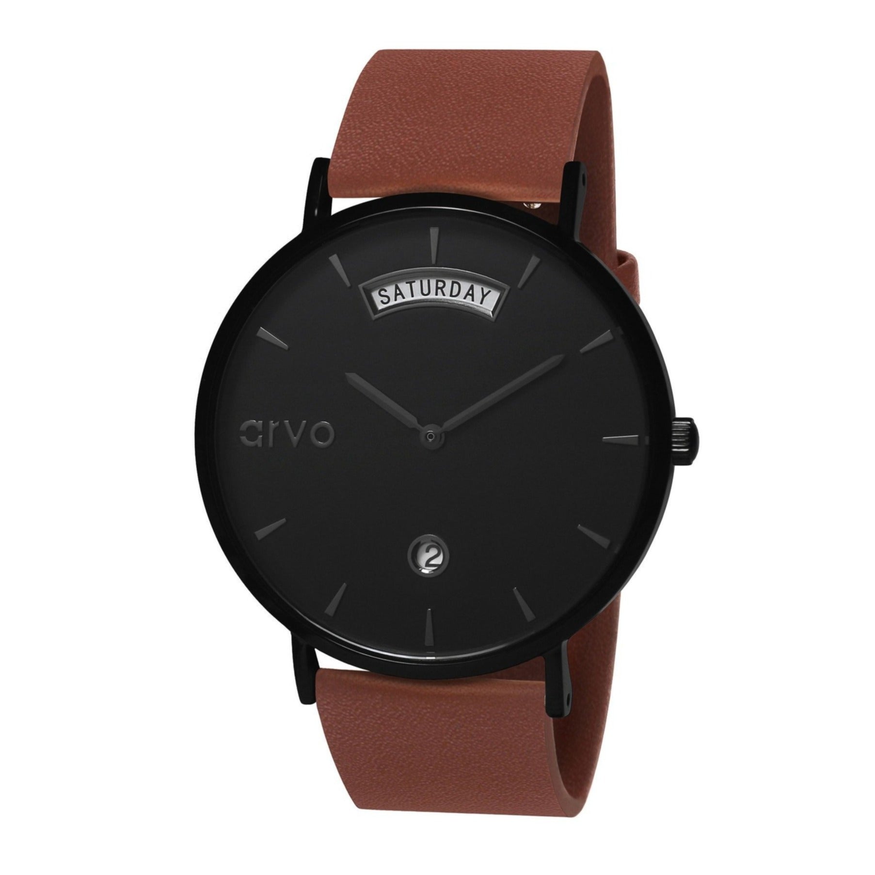 Arvo 40mm Black Awristacrat Watch with a black dial, black case and a Mahogany brown leather watch band