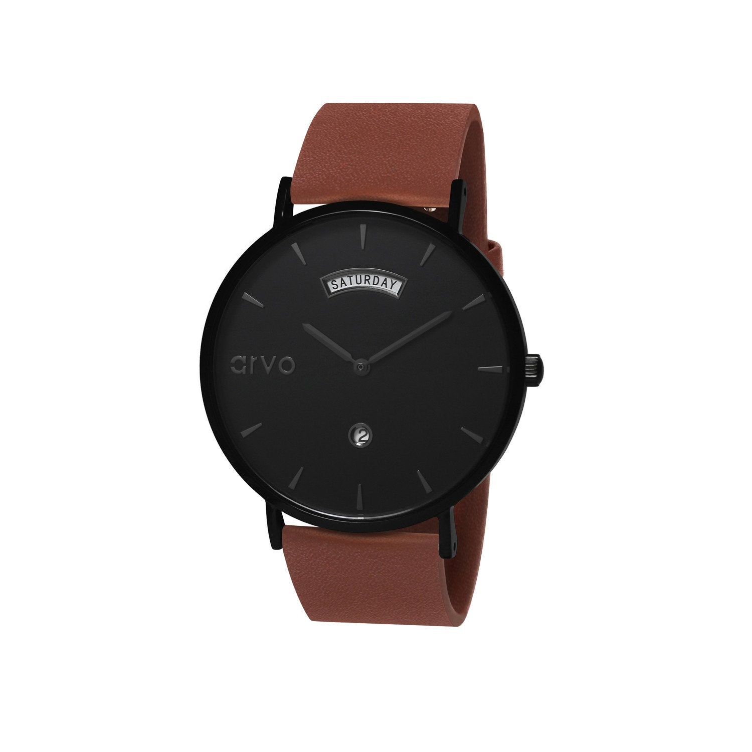 Arvo 36mm Black Awristacrat Watch with a black dial, black case and a Mahogany brown leather watch band