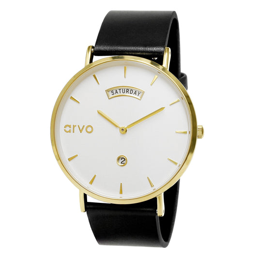 Arvo Awristacrat Watch with white dial, gold case and black leather band