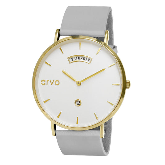 Arvo Awristacrat watches with white dial gold case and gray leather band for men and women