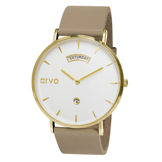 Arvo Awristacrat gold watches for women with white dial, gold case, and nude or tan leather band