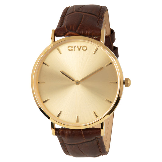 The Leonarvo Gold Watch for men with alligator print genuine leather band 