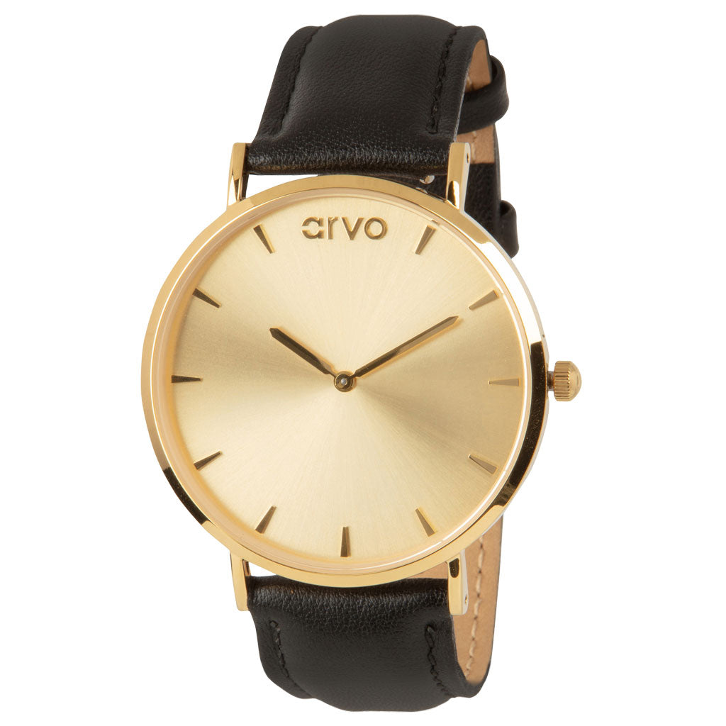 The Leonarvo Gold Watch for men with black stitched leather band