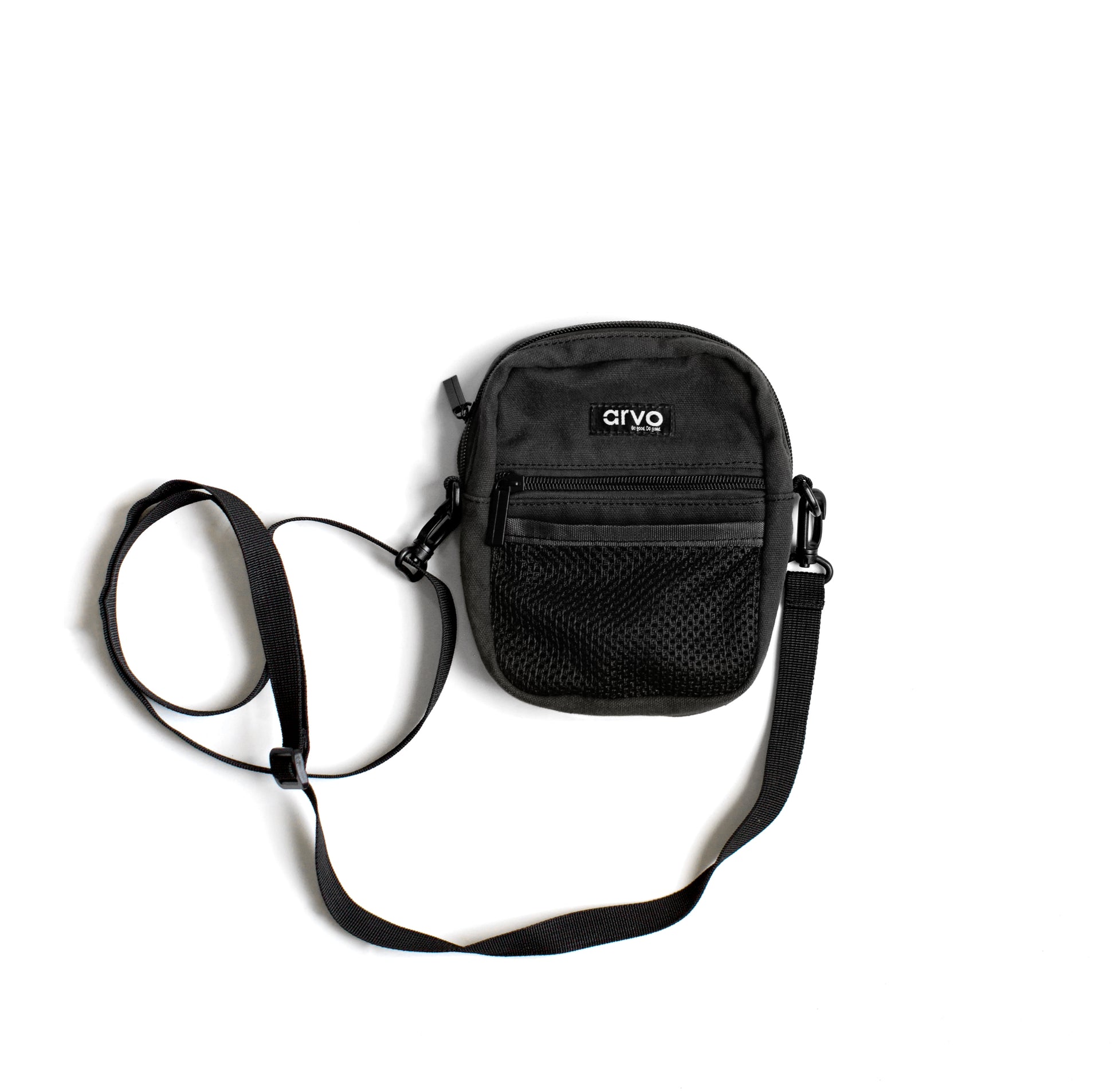 front of Arvo Fanny canvas crossbody bags for women in a gray color named pepper which is black